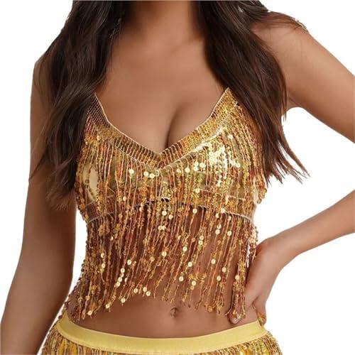 ANQKYO Vientre Baile Latino Lentejuelas Flecos Chaleco Top actuación en Discoteca Halter Sujetador Tanque Etapa Desgaste Fiesta espectáculo Disfraces per Danza del Ventre(Color 2)