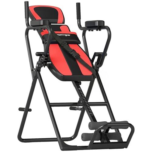 SPORTNOW Tabla de Inversión Plegable 3 en 1 con Dominadas y Flexiones Reposacabezas Altura Ajustable 155-198 cm Ángulos 20° 40° 60° Banco de Inversión con Soporte Lumbar Tobillo Bloqueo Cinturón Rojo