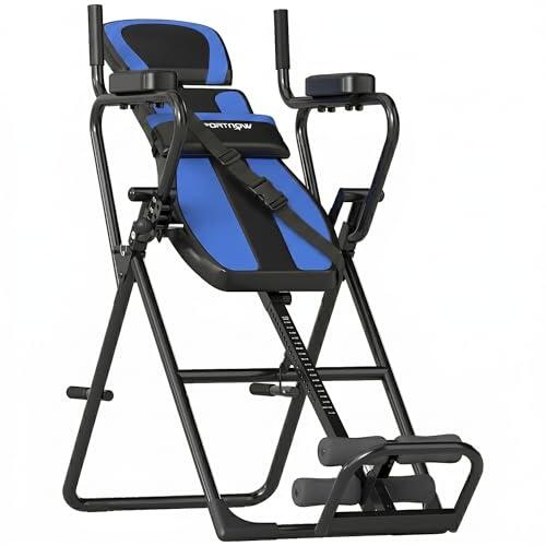 SPORTNOW Tabla de Inversión Plegable 3 en 1 con Dominadas y Flexiones Reposacabezas Altura Ajustable 155-198 cm Ángulos 20° 40° 60° Banco de Inversión con Soporte Lumbar Tobillo Bloqueo Cinturón Azul