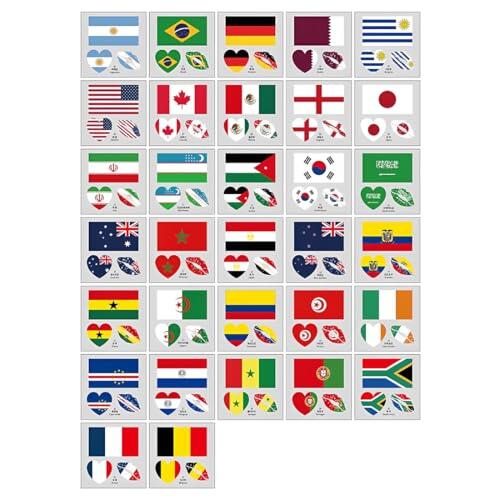 QEDBOJE 32 Hojas de Pegatinas de Nacional y Mundial, para la Cara, Banderas del Mundo, Stickers y Personalizada, Decoración para la Copa del Mundo (32 Países de la Copa del Mundo)
