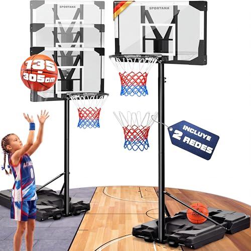 SPORTANA® Canasta Baloncesto Exterior Altura Regulable 135-305 cm con Soporte Portátil Resistente Intemperie Base Rellenable 60 kg 2 Ruedas Estable Aro Amortiguador Ø45 cm Niños Adultos