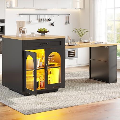 Merax Moderna isla de cocina con iluminación LED RGB y aplicación, mesa extensible 126 – 196 cm, espacio de almacenamiento con cajones y puertas de cristal, aparador multifuncional para cocina y
