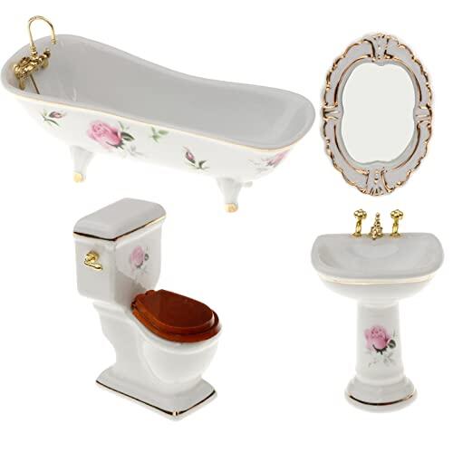 Yunmeryker 4 Piezas Juego de Baño Miniatura Set Cerámico Baño Casa Muñecas Accesorios Mini Lavabo E Inodoro Conjunto Miniatura de Baño Artesanía Precis