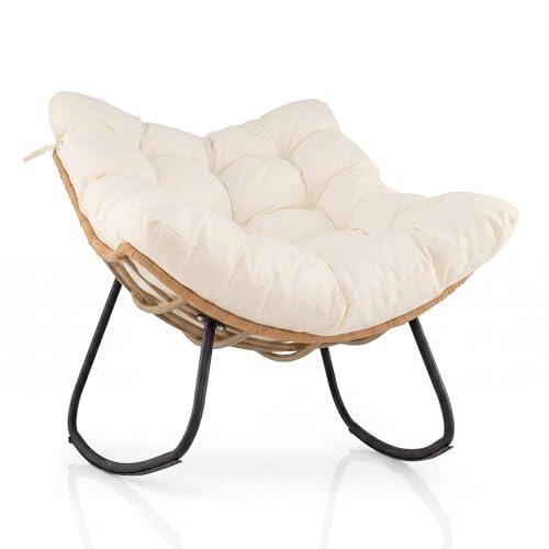 COSTWAY Silla Mecedora de Huevo para Exterior, Sillón Mecedor de Ratán PE con Cojín Extraíble, Marco Metálico, Oscilación Suave de 25° y Topes Antivuelco, Sillón Relax para Salón, Jardín