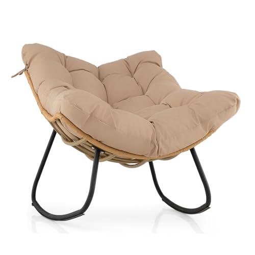 COSTWAY Silla Mecedora de Huevo para Exterior, Sillón Mecedor de Ratán PE con Cojín Extraíble, Marco Metálico, Oscilación Suave de 25° y Topes Antivuelco, Sillón Relax para Salón, Jardín