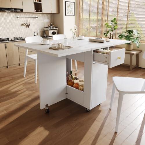 kowdom Carrito de cocina con ruedas plegable para 2 – 4 personas, superficie de trabajo móvil con cajones de almacenamiento, carrito de servicio para cocina, MDF blanco, 120 x 75 x 75 cm