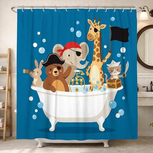 Cortina de ducha con diseño de elefante, diseño de jirafa de dibujos animados juguetones, ninguno azul, poliéster, impermeable, con patas de garra, decoración para baño, habitación de invitados, 72 x
