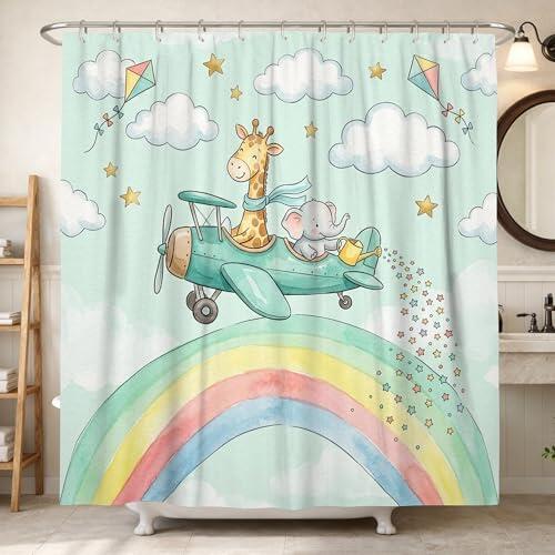 Cortina de ducha con diseño de jirafa, diseño de elefante juguetón, primavera, aguamarina, tela impermeable, con patas de garras, decoración para baño, habitación de invitados, 62 x 72 pulgadas