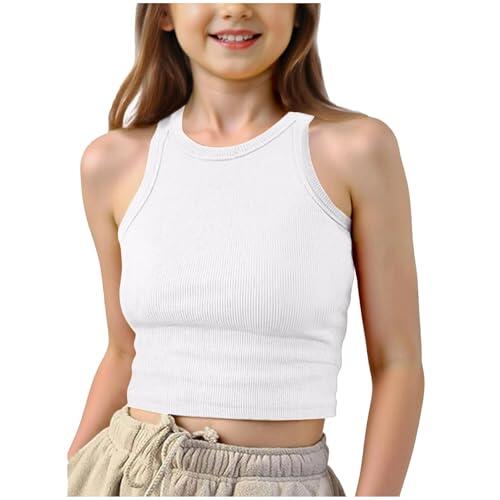 Camiseta sin mangas acanalada sin mangas de algodón suave sin mangas para adolescentes, chaleco básico, color sólido, ajustado, casual, cuello redondo, camiseta de verano, 5-13 años, Blanco-2, 11-12