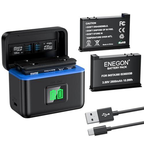 ENEGON Batería de repuesto para Insta360 X5, 2800 mAh, 2 baterías con pantalla LCD, cargador y caja de almacenamiento