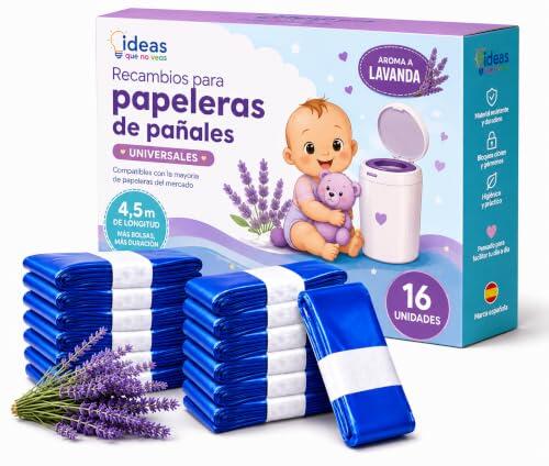 Bolsas Cubos de Pañales 16 Unidades Material EVOH y aroma a Lavanda, Recambios de bolsas para Papeleras de Pañales | Pañaleras Material EVOH de alta resistencia 4.5 metros | Compatible universal