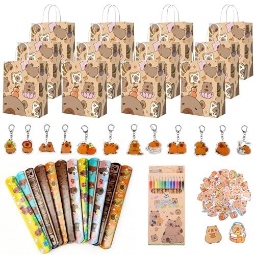 LIULINY 98 Piezas Capybara Regalo de Fiesta Cumpleaños Niños, Capybara Party Favour Supplies con Bolígrafos, Llaveros, Pulsera, Pegatinas Bolsas Regalo para Fiesta Recompensas de Clase