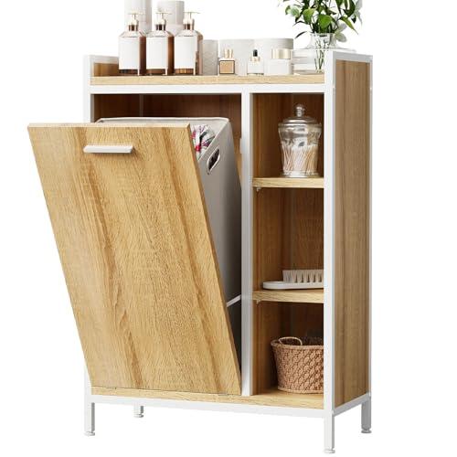 ELUCHANG Armario de Baño con Cesto Ropa Sucia 50L, Mueble de Baño 2 en 1 con 3 Divisiones Ajustables, Bolsa Extraíble Lavable, para Baño y Lavadero, 63x30x91cm, Roble Claro + Blanco