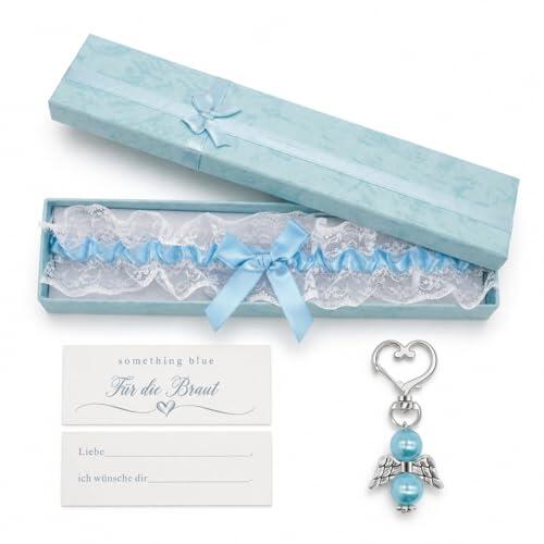 Liga de boda azul, accesorios EVJF para mujer con tarjeta de felicitación, caja y colgante de ala de ángel, regalo para despedida de soltera