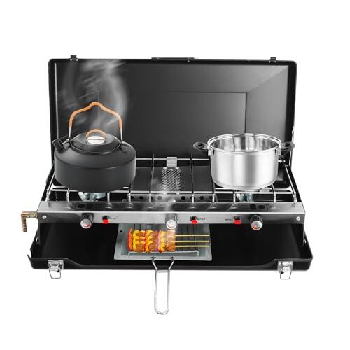 Hornillo de camping con 3 quemadores de 4,5 kW, hornillo de gas para camping con encendido piezoeléctrico y cortavientos, hornillo de gas plegable para camping, barbacoa, fiesta, picnic