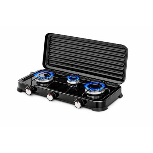 Cocina de gas portátil de 3 fuegos para exterior, hornillo de gas butano y propano con tapa desmontable, llama regulable, 5,4 kW, cocina auxiliar compacta (3 FUEGOS)