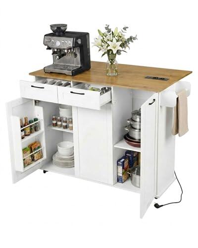 Ginhow Isla de Cocina con Enchufe y encimera Plegable Mueble Auxiliar de Cocina con Ruedas aparador Cocina con 2 cajones y 2 Puertas Mueble Cocina Blanco 120 x 74 x 94,5 cm