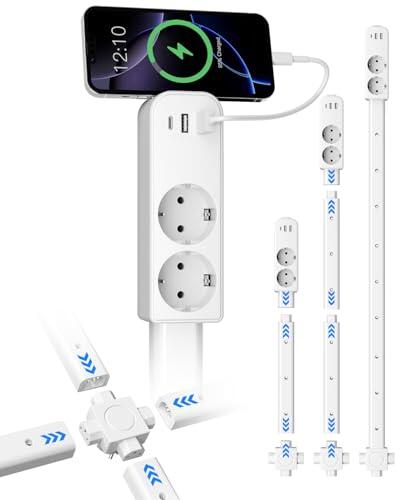 Regletas Enchufes 2 Tomas, 2 Puertos USB-A y 1 USB-C, Regleta Múltiple con 3 Extensión, Apta para Enchufes de Difícil Acceso Detrás del Sofá, Mesita de Noche, Escritorio, 1 Pack