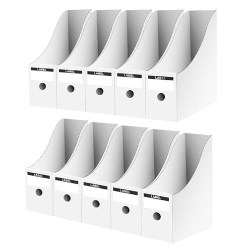 Woobroo Paquete de 10 soportes para revistas – Cajas de cartón A4 – Organizador de escritorio con etiquetas – Ideal para el hogar, la escuela y la oficina – Blanco