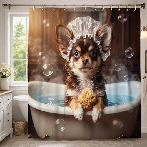 Cortina de ducha para perro, esponja de burbujas juguetona N/A, color marrón, lavable con ganchos, cortinas de ducha para bañera con patas de garra, decoración para baño, dormitorio, 54 x 78 pulgadas