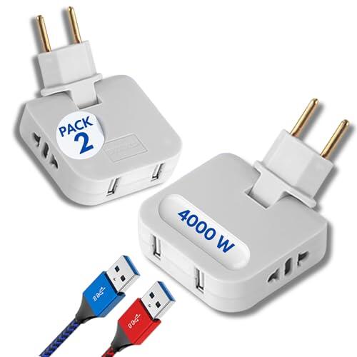 Ladron enchufes Plano con 2 Salidas USB, 4000W 250V 16A, Enchufe Plano Pared extraplano Giratorio 180º, ladrón Enchufe Plano, Enchufe Multiple Plano, ladron Plano. (Pack 2 ENCHUFES USB)