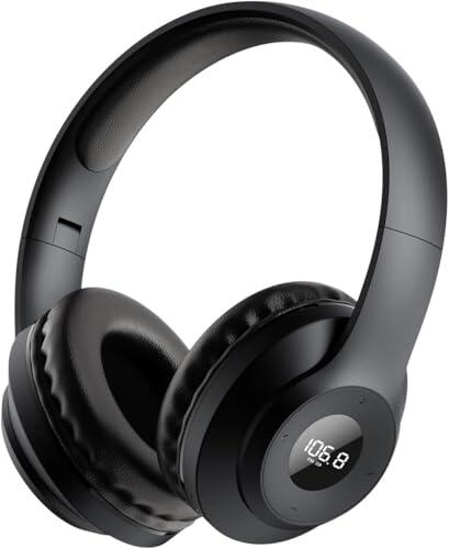 PUSOKEI Auriculares Portátiles Personales con Radio FM, con la Mejor Recepción, Recargables y Plegables. Auriculares Inalámbricos con Orejeras para Correr, Cortar el Césped, Andar en (Black)