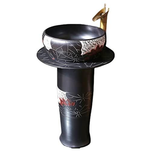 ENGENDER Lavabo de Pedestal Lavabo de Pedestal for baño Poste Loto Tocador for Exteriores cerámica Vertical Vintage Negro con Grifo