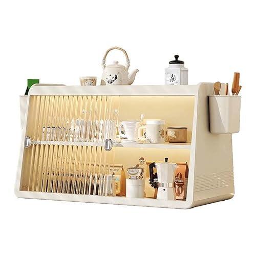 Armario de almacenamiento de 3 niveles con puertas correderas, organizador con 2 cajas de almacenamiento y portavasos para cocina, baño, oficina, 50 x 34 x 24 cm