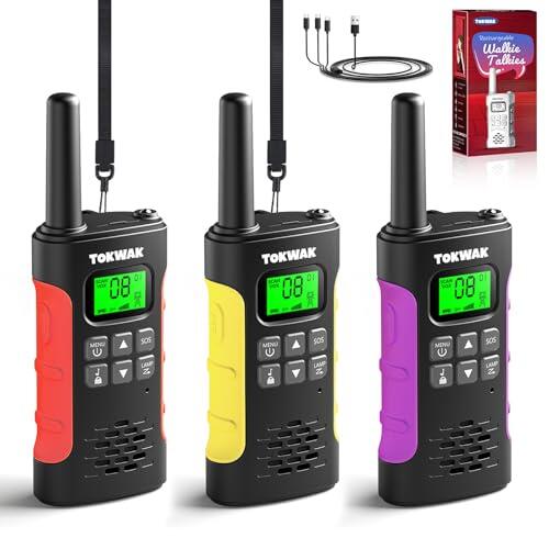 TOKWAK 3pcs Walkie Talkie para Niños Adultos, Walkie Talkies Recargable con Batería, VOX y Linterna, Walkie-Talkie Largo Alcance 3KM, 16 Canales Walky Talky para Exteriores, Camping, Senderismo