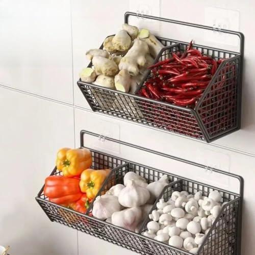Lecreatekit Cesta de almacenamiento de ajos montada en la pared sin perforaciones, estante colgante de metal para cocina, especias, hierbas, cebollas, estante organizador de ahorro de espacio (negro