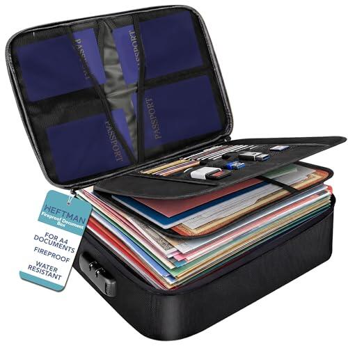 HEFTMAN Caja de documentos ignífuga, bolsa de documentos impermeable e ignífuga con cerradura, organizador de archivos portátil grande para documentos A4, pasaportes, objetos de valor (negro)