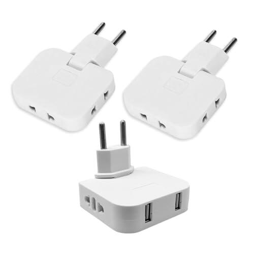 Pack 3 Ladrón Enchufe Plano Extraplano de Pared, Cabezal Giratorio 180º | 2X Adaptador Múltiple 3 Tomas + 1x Adaptador 2 Tomas + 2 Puertos USB | Ideal Detrás de Muebles, Ahorra Espacio. (Blanco)