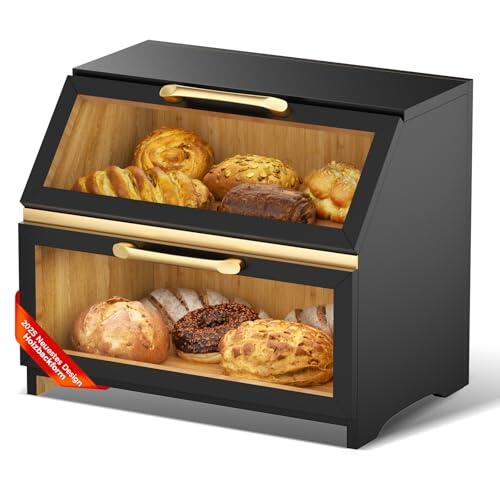 Panera con ventilación de madera para el mostrador de la cocina, recipiente grande para almacenar pan casero, organizador de panera de estilo rústico para la esquina del mostrador de la cocina