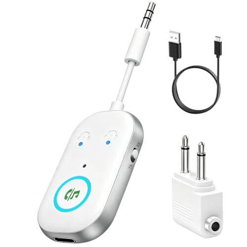 Receptor Bluetooth 5.3,2 en 1 Transmisor Bluetooth,receptor bluetooth jack 3.5,Adaptador bluetooth coche Soportes para 2 AirPods/auriculares,transmisor BLUEtooth para TV/Avión/Coche/Auriculares-Blanco