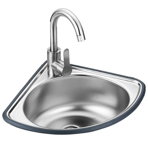 TAXXII Fregadero de Acero Inoxidable para Montaje en Pared, esquinero para baño, Cocina, Individual, con escurridor y Grifo de Agua fría y Caliente, Lavabo Triangular para Garaje, Bar u h