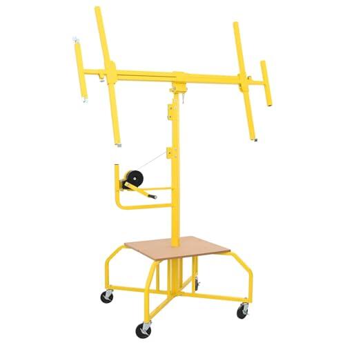 Teenpull Elevador de placas de yeso amarillo de acero 300 x 107 x 330 cm con soporte de placa de 4 niveles, ruedas y frenos, altura regulable 143-330 cm, inclinación de 75° y rotación de 360° para