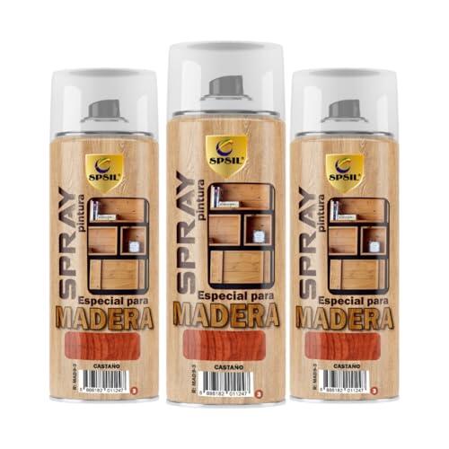 SPSIL Pintura Madera CastañO 400ml(pack of 3) para Madera Barniz Spray, Aerosol Especial, Ideal para Renovación de Muebles y Superficies de Madera