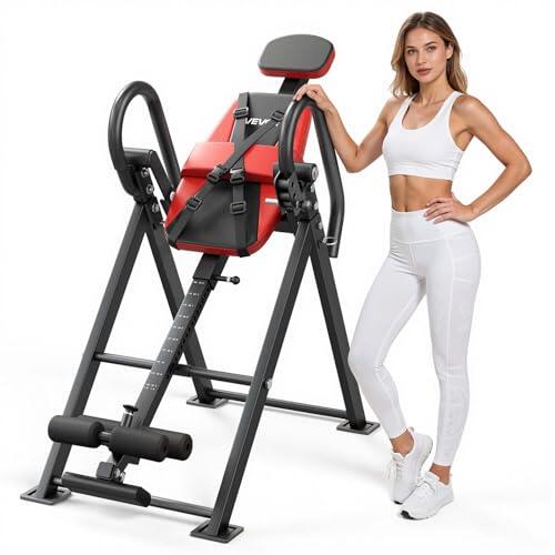 VEVOR Tabla de Inversión Capacidad de 136 kg, Mesa de Inversión de Alta Resistencia, Entrenador de Gravedad, Reposabrazos de 3 Niveles, Bloqueo de Doble Rodillo, para Hombros, Espalda, Rojo y Gris