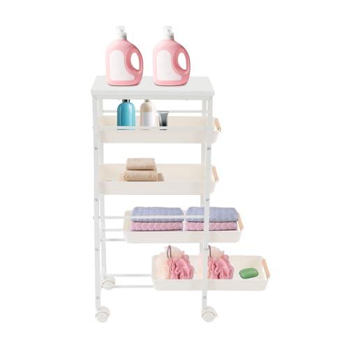 Carro de cocina estrecho con ruedas, 5 niveles, con 4 cajones extraíbles, máx. 30 kg, 38 x 20 x 81,5 cm, con placa de madera, con cajones, para cocina, baño y oficina, color blanco