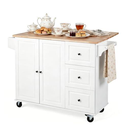 GIANTEX Isla de Cocina Móvil con ala Abatible, Carrito de Cocina con Ruedas, 3 Cajones, Armario, Estantes Ajustables, Toallero y Encimera de Madera de Caucho, Mueble Auxiliar para Comedor, Salón