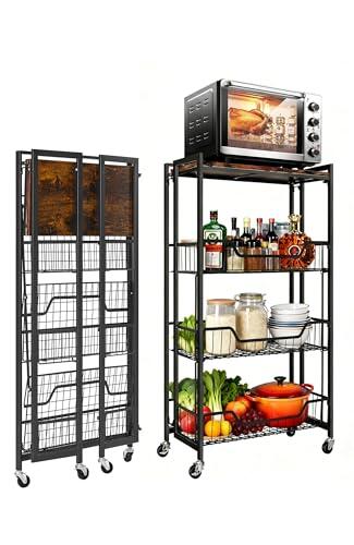 Garvee Carro Estante de Cocina de 4 Niveles Plegable - con Ruedas Bloqueables y Estantes Removibles - Soporta 45 kg, Sin Montaje, Multifuncional Cocina, Despensa, Oficina O Baño -