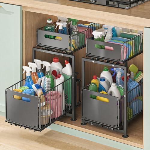 Almacenamiento bajo fregadero cocina, almacenamiento de cocina de metal de 2 niveles con cajones deslizantes, organizador armario de cocina y baño, estante ahorro de espacio para encimera (dos piezas)