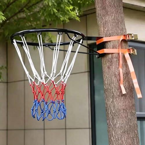 Chaoyilian Aro de Baloncesto de Pared Exterior,Canasta Baloncesto Exterior Pared,Marcos De Red De Baloncesto Desmontable Portátil,con Correas Ajustables,para áRboles,Columna Redonda,Hierro