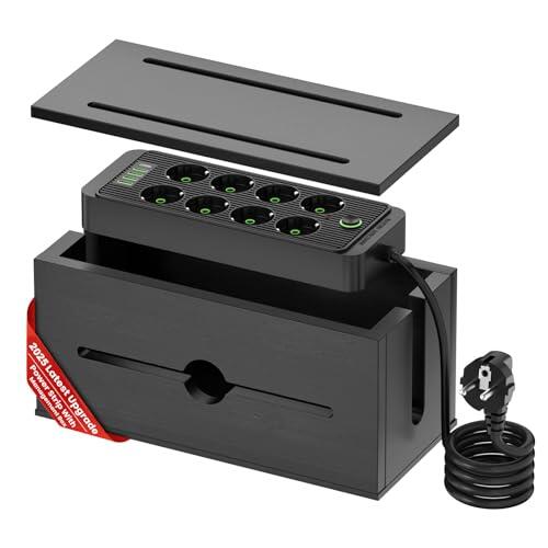 Caja de cable de madera con regleta, estación de carga, organizador con 8 enchufes, 4 USB y 1 tipo C de carga rápida, protección contra sobretensiones con cable de extensión de 200 cm para oficina