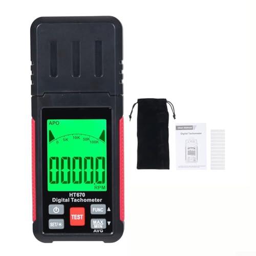 PureBowlic Tacómetro digital HT670, tacómetro óptico de mano de 10-99999 RPM con pantalla LCD grande, memoria automática máx./mín./promedio para pruebas de motores industriales, negro
