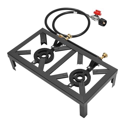 Hornillo de gas de camping de 2 fuegos, hornillo portátil de camping para exteriores, cocina de gas de hierro fundido, 8000 W, con manguera, para camping, jardín, barbacoa