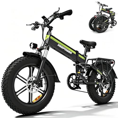 DEEPOWER Bicicleta Eléctrica Plegable, Neumáticos Gruesos 20''×4.0, Batería de Litio Extraíble 48V 25Ah, Autonomía 110 km, Motor de Alto Rendimiento, Velocidades, Suspensión Completa y Frenos (Negra)