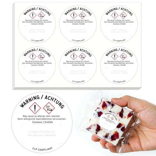 300 Piezas Etiquetas CLP Redondas 38mm (50 Hojas) | Zona DIY 25x12mm para UFI e Ingredientes | Pegatinas de Seguridad para Wax Melts, Aceites Esenciales y <125ml | PET Resistente al Aceite