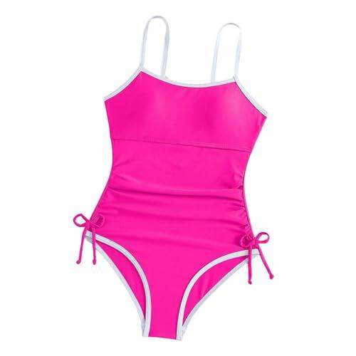 Generisch Traje de baño para niña de una sola pieza, ambos lados con cordón para atar, fruncido control de abdomen, traje de baño deportivo estiramiento elegante, Rosa intenso., 9-10 años