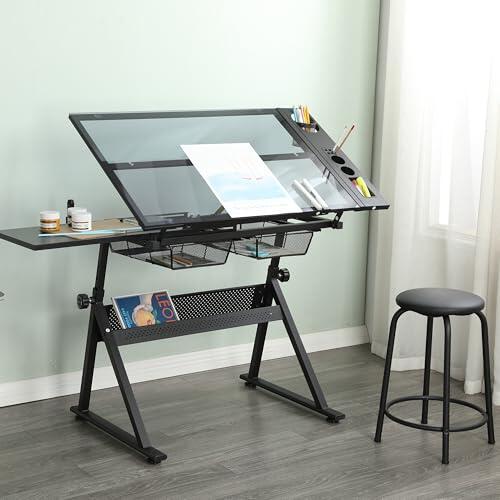Generisch Mesa de dibujo ajustable de cristal templado con silla negra, inclinación 0 – 75°, 2 cajones de metal, barras de almacenamiento, para dibujar, impresión, diseño artístico
